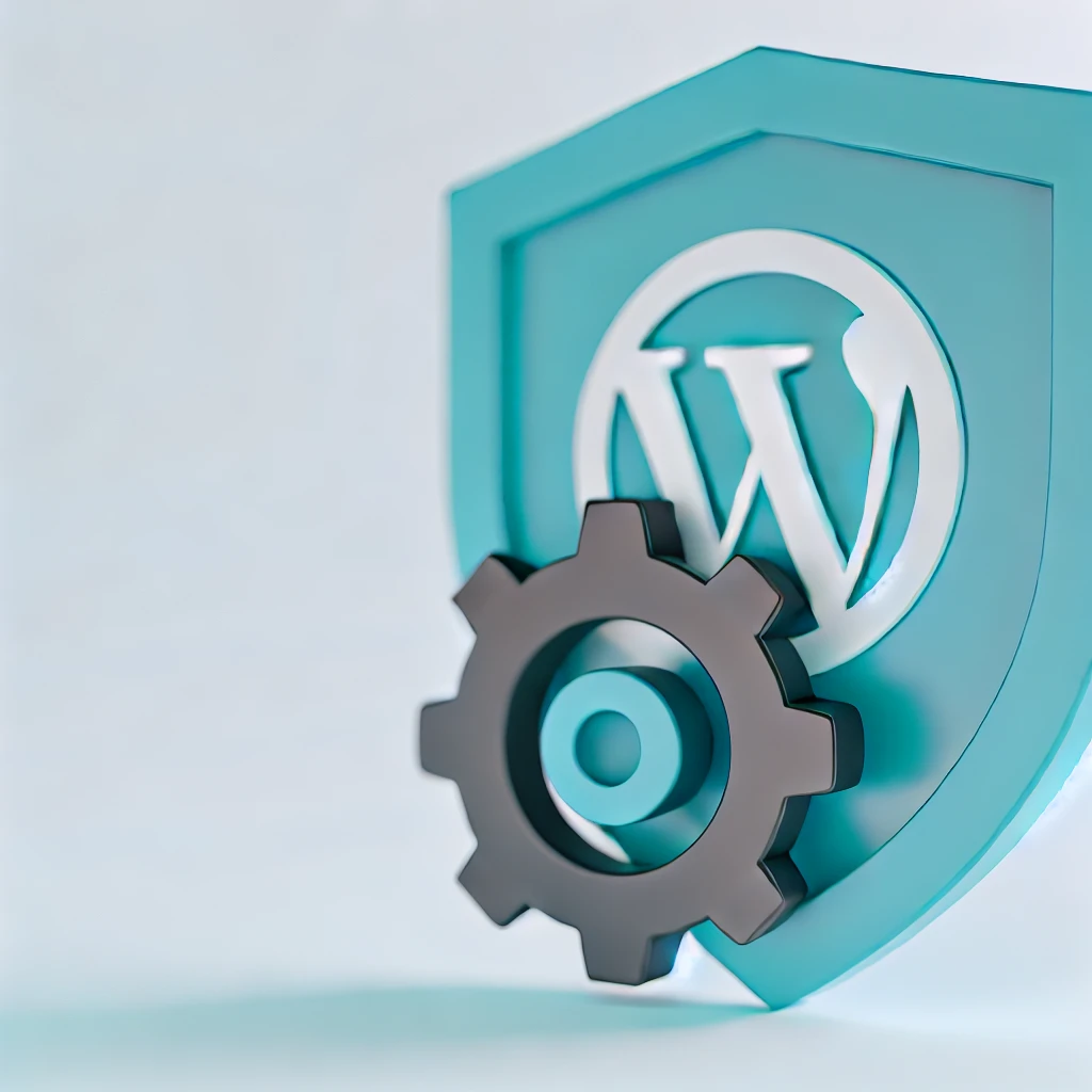WordPress security and maintenance. The design features a shield with a cogwheel inside it, symbolizing protection